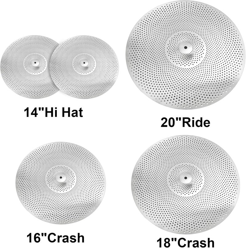 Youeon 5 Piece Low Volume Cymbal Pack Includes 14"Hi Hat + 16"Crash + 18"Crash + 20"Ride, Durable Stainless Steel, Practice Cymbals for Quiet Drumming Session - Image 2